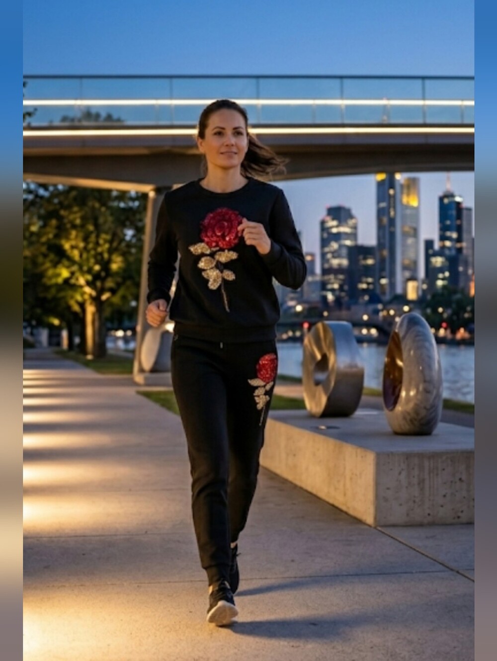 Elegant Black Velvet Jogger Set with Sparkling Sequin Roses- US-14